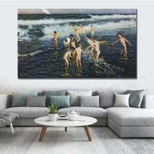 Hoge kwaliteit canvas kunst Joaquin Sorolla Y Bastida schilderij The Bath Childern Beautiful Beach Artwork Family Room Wall Decor