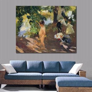 Hoge Kwaliteit Canvas Art Joaquin Sorolla Y Bastida Schilderij Baden in La Granja Mooie Strand Kunstwerk Familiekamer Muur Decor