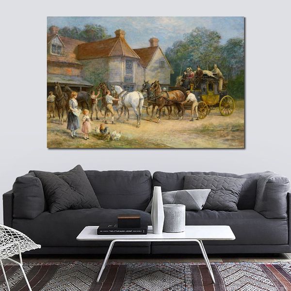 Reproduction d'art de toile de haute qualité de Heywood Hardy changeant de chevaux peinture de paysage de chasse peinte à la main