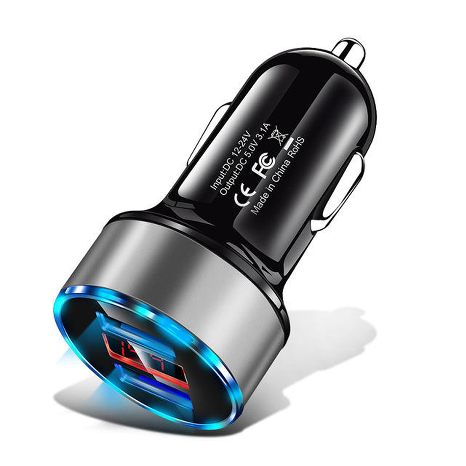 Двойной USB -автомобильный адаптер 2 USB -порт светодиодный дисплей 3.1a Quick Smart Car Charger для iPhone Samsung Huawei Mobile Phone