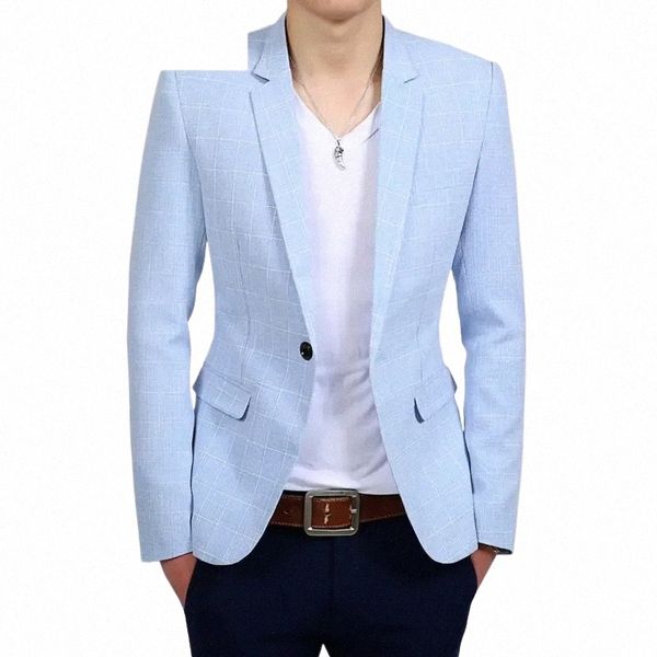 Costume décontracté de haute qualité pour hommes, veste d'une seule pièce, Style coréen, à carreaux, petit costume, Slim, Blazer à simple boutonnage, pour jeunes hommes 57R0 #