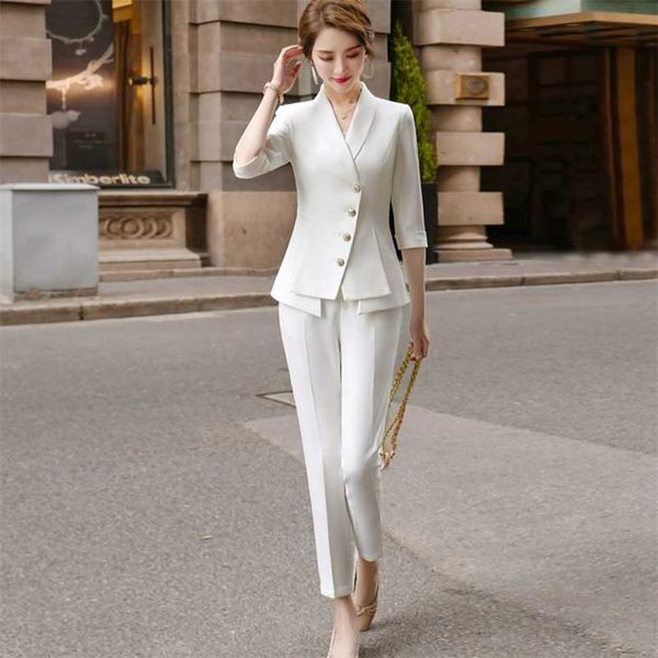 Haute qualité décontracté femmes costume pantalon deux pièces ensemble été élégant dames blanc blazer veste tenue d'affaires 211118