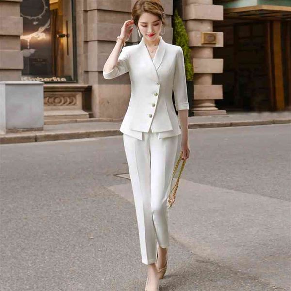 Haute qualité décontracté femmes costume pantalon deux pièces ensemble été élégant dames blanc blazer veste tenue d'affaires 210709