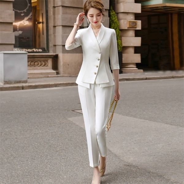 Pantalon de costume de haute qualité pour femmes Casual Deux pièces Set nouvel été élégant dames blanc blazer veste tenue d'affaires T200818