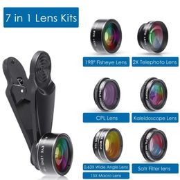 High Quality Cell Phone 15X Macro 0.63X Super Wide Angle 7 In 1 Clip-on Fish Eye Mobile Phone Camera Lens Kit