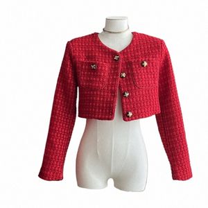 Hoge Kwaliteit Chic Herfst Winter Rode Wollen Korte Jas Jas Zoete Fi Vrouwen O Hals Enkele Breasted Tweed Weave cropped Tops t3li #