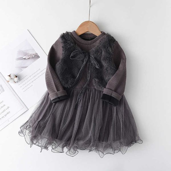 Ropa para niños de alta calidad Algodón de manga larga Color sólido Imitación Falda de visón Traje Gris 2021 PrincDrTZ0083 X0803