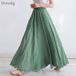 Haute Qualité Coton Lin Maxi Jupe Femmes Casual Taille Élastique Plissée A-Line Jupes De Plage Boho Saia Feminina Faldas Jupe 220322