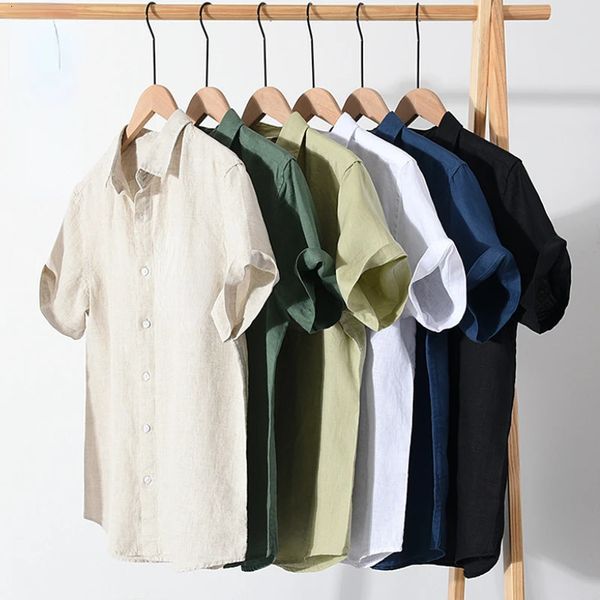 Coton lin de coton de haute qualité chemise de mode d'été couleur simple simple de manches courtes décontractées bases basiques hauts respirants fins 240506