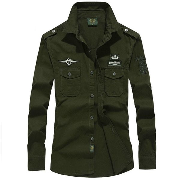 Haute Qualité Coton Chemise Militaire Hommes À Manches Longues Armée Vert Solide Badge Chemises Casual Air Force One Brodé Tactique Tops C1222