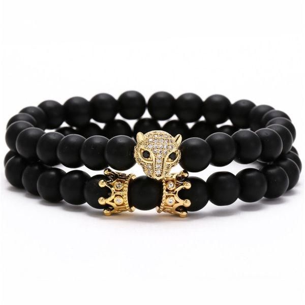 Bracelet à breloques tête de léopard couronne de haute qualité Bracelets en pierre naturelle bijoux 2 pièces/ensemble