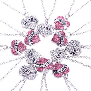 Hoge Kwaliteit Crystal Diamond Heart Hanger Kettingen Wit Blauw Rode Rhinestones Ketting voor Dames Mode Familie Brief Sieraden