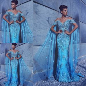 Hoge kwaliteit kristallen kralen avondjurken ijsblauw off schouder kant applique prom jurken met tule lange open mouw aangepaste vestido