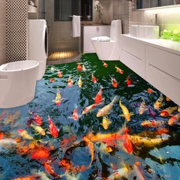 Hoge Kwaliteit Custom 3D Floor Wallpaper Pond Carp Toiletten Badkamer Slaapkamer PVC Vloer Sticker Schilderij Muurschildering Behang Waterdicht 201009