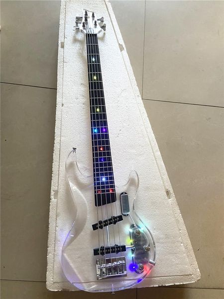 Édition personnalisée de haute qualité 5 cordes guitare basse électrique cristal plexiglas corps acrylique LED lumières clignotantes