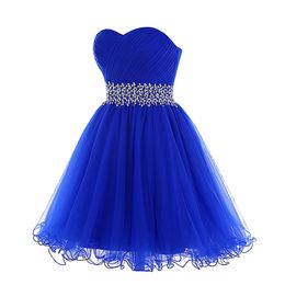 Robe de bal de haute qualité sur mesure de qualité supérieure bleu royal robes de bal courtes chérie cou ruché cristaux de tulle perlé taille à lacets dos