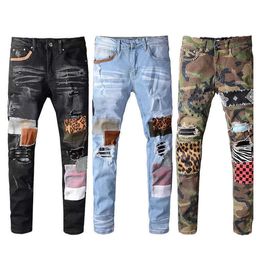 Hoogwaardige aangepaste plus size patches Heren broek gescheurd van noodlijdende slanke fit print denim jeans voor mannen