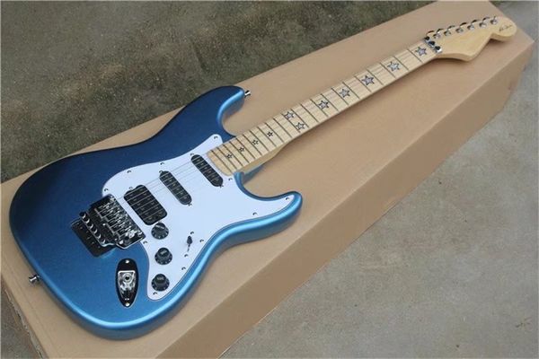 Tienda personalizada de alta calidad Sunburst Metalic Blue Guitarra eléctrica Pastillas SSH Puente trémolo Tuerca de bloqueo Incrustación de estrella