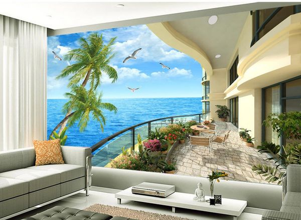 Haute qualité taille Customize balcon villa moderne méditerranéenne vue murale 3d fond d'écran 3d papier peint pour toile de fond TV