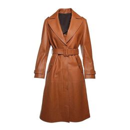 Trench-Coat en cuir véritable marron personnalisé de haute qualité pour femmes, Long Duster, pardessus décontracté de rue