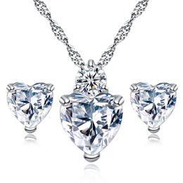 Haute qualité CZ coeur collier boucles d'oreilles ensembles cristal strass amour pendentif charme chaîne en argent sterling pour les femmes bijoux de mode