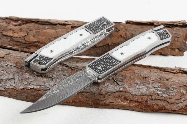 Cuchillo plegable de Damasco de alta calidad, mango de hueso, cuchillos de bolsillo EDc, para acampar al aire libre, senderismo, pesca, equipo de supervivencia con funda de cuero