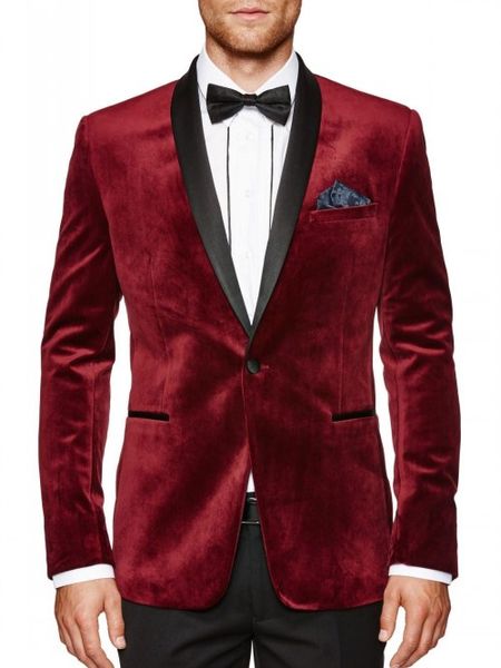 Haute qualité rouge foncé velours marié Tuxedos garçons d'honneur châle revers meilleur homme Blazer hommes costumes de mariage (veste + pantalon + cravate) H: 954