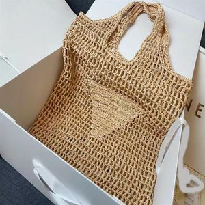 Hoogwaardige ontwerp Women Tote Straw Beach Tags Abrikoos Handgemaakte Raffia Schoudertas Zomer Travel Handtassen Zwarte Letter Afdrukken 2348