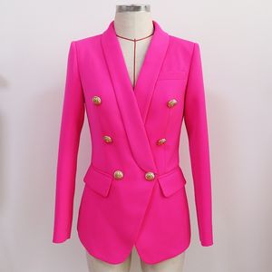 Haute qualité Designer Classic Blazer Jacket Femme Slim Double Boutons de Lion en métal Boutons de col châle Blazer Hot Pink 201201