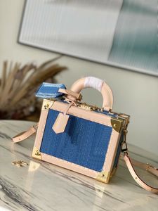 Hoogwaardige Designer Denim Blue Trunk Bag Leather Stitching Petite Valise Satchel Handtassen Square Gold Hardware Metallic S-Lock Buckle Schoudertassen Women Purse