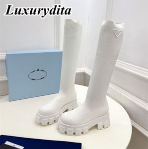 Botas largas de diseñador de alta calidad para mujer, botas de pierna de tacón alto con suela gruesa de lujo, botas sobre el tobillo de cuero con diseño de moda, calcetines hasta la rodilla, bota con tacón triangular YMPR 0061