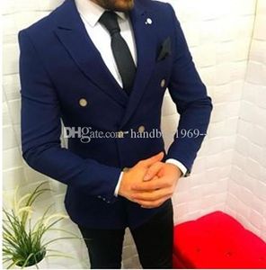 Hoge kwaliteit Double-Breasted Navy Blue Groom Tuxedos Peak Revers GroomsMen Mens Suits Bruiloft / Prom / Diner Blazer (Jack + Pants + Tie) K336