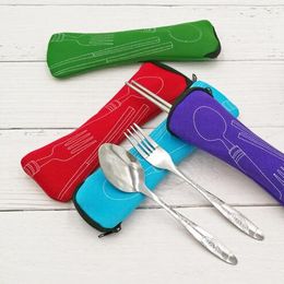 Hoge Kwaliteit Eco-vriendelijke Outdoor Draagbare Lunch Rvs Chopsticks Lepel Vork Servies Reizen Bestel Sets Bag Kussenspakket