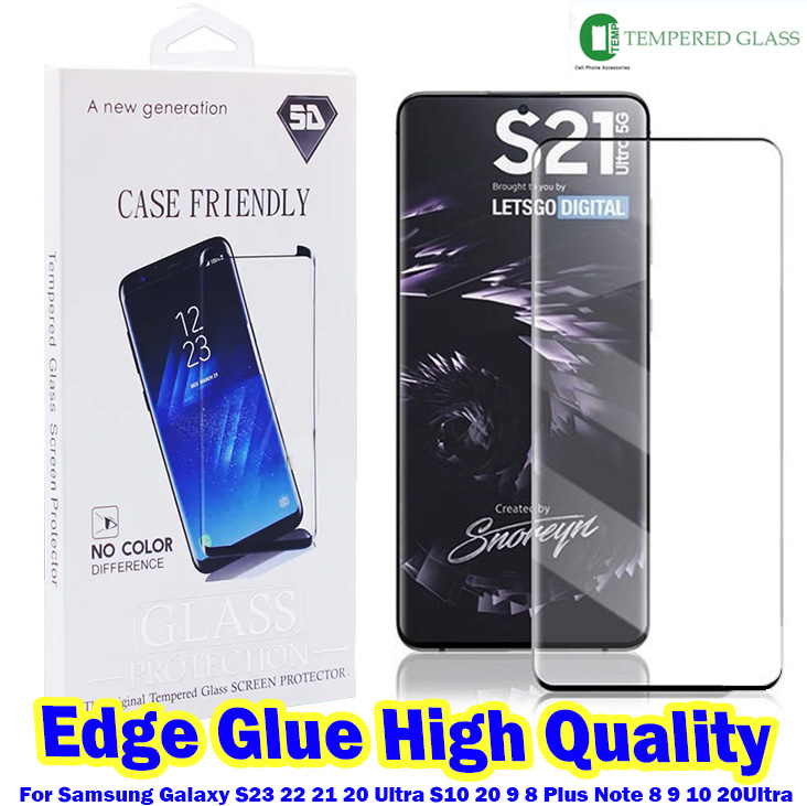 Vidro temperado do protetor de tela de cola de alta qualidade para Samsung Galaxy S23 S22 S21 S20 UTRAL S9 Nota 20 10 S8 mais Mate 30 Pro 3D Curved Case Friendly