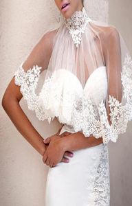 Hoogwaardige elegante ivoor high nek applique kanten cover -ups bruids bolero 2020 vintage strand bruiloft sjaals capelets bruiloft acce7983056