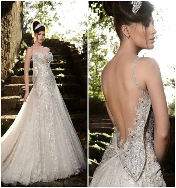 Robe de mariée Ellie Saab de haute qualité 2015 Longueur de plancher formel sans dos sexy pas cher en ligne Applique ALIN