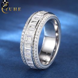 Joyería de compromiso de alta calidad 3 filas rotatables 925 plata esterlina vvs baguette moissanite diamante anillo de boda anillo
