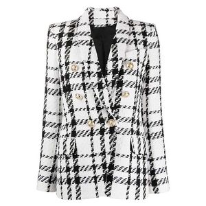 Hoge kwaliteit EST Designer Blazer Dames Sjaal Collar Double Breasted Lion Buttons Plaid Tweed Jas 211122