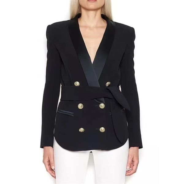 Alta calidad est diseñador chaqueta mujer elegante doble botonadura botones de león cordón cinturón blazer desgaste exterior 211019