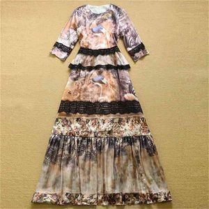 Hoge kwaliteit EST Designer Runway Maxi Jurk Dames 3/4 Mouw Kant Decoration Bird Floral Print Retro Long 210521