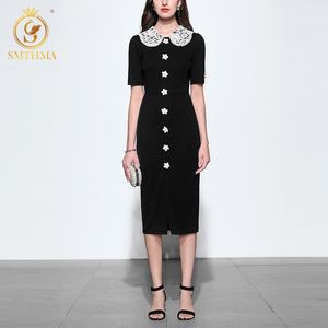 Hoge kwaliteit est fashion designer runway jurk zwarte zomer dames korte mouw kant patchwork es 210520