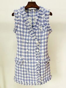 Hoogwaardige Est FW Designer Fashion dames mouwloze leeuwenknoppen geruite kwastje met kringte tweed tankjurk 240430