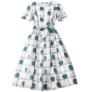Hoge kwaliteit est zomer ontwerper dames elegante korte mouw mode polka dot plaid knie lengte jurk 210521