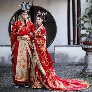 Ropa étnica de alta calidad Boda antigua china Hanfu Novia Cola larga Pareja Traje Novio Robe Ropa Estándar Dinastía Tang Ming China Vestido rojo festivo