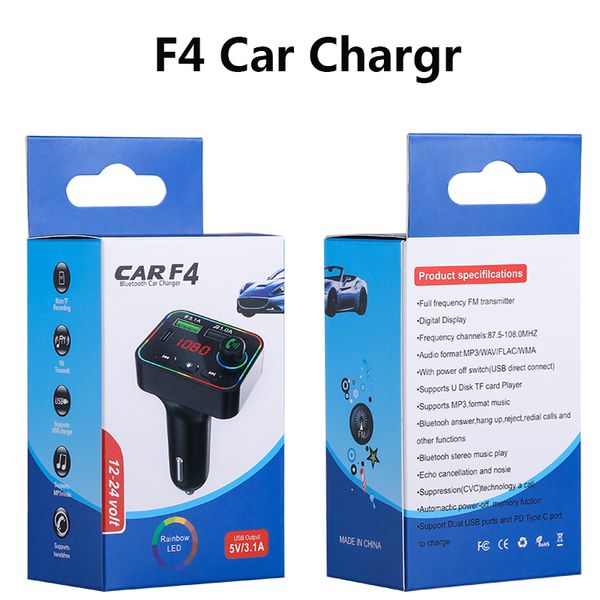 Chargeur de voiture F4 de haute qualité Transmetteur FM Double USB Charge rapide Ports PD Récepteur audio mains libres Lecteur MP3 Lumières d'ambiance colorées avec boîte de vente au détail