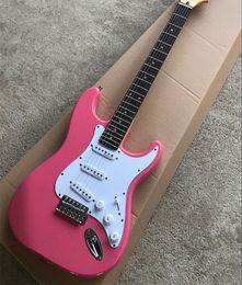 Guitarra eléctrica rosa roja personalizada de alta calidad, cuerpo de tilo, diapasón de palisandro, herrajes cromados