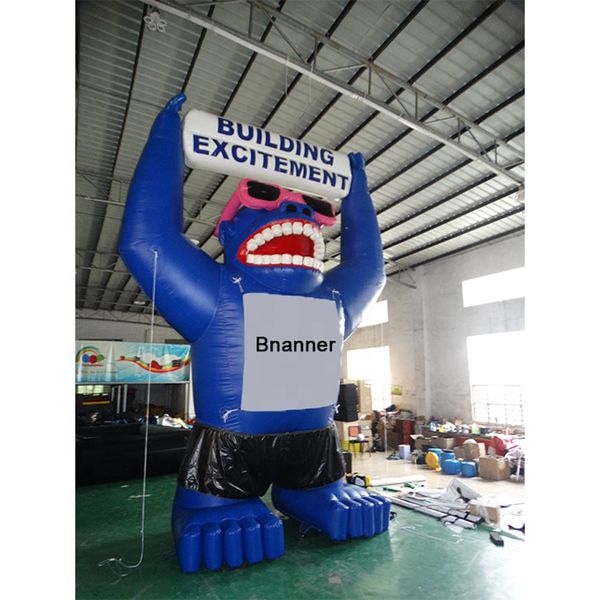 Venta de fábrica de alta calidad 8 mH (26 pies) con soplador mono inflable gigante azul con cara feliz, globo de gorila Idioma promocional personalizado