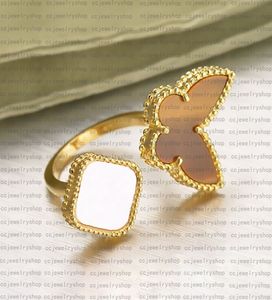 Alta calidad Moda Clásico Anillo de trébol de cuatro hojas Joyería de diseño Madre de perla Chapado en oro de 18 quilates Anillos de mariposa Damas y niñas Regalo de joyería del día de San Valentín -A