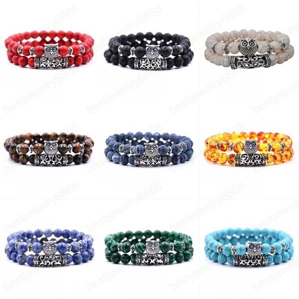 Haute qualité mode classique pierre naturelle Animal hibou Yoga Bracelet 2 pièces/ensemble pour femmes hommes Cool Bracelet Bracelet bijoux à breloques