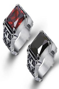 Hoogwaardige mode Hiphop Red / Black Big Big Rhinestone Stone Biker Mens Silver roestvrij staal Punk Design Ring 7-12#3060431